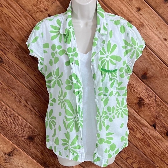 Alfani floral cap sleeve cotton button down lightweight blouse top green white - Picture 1 of 8